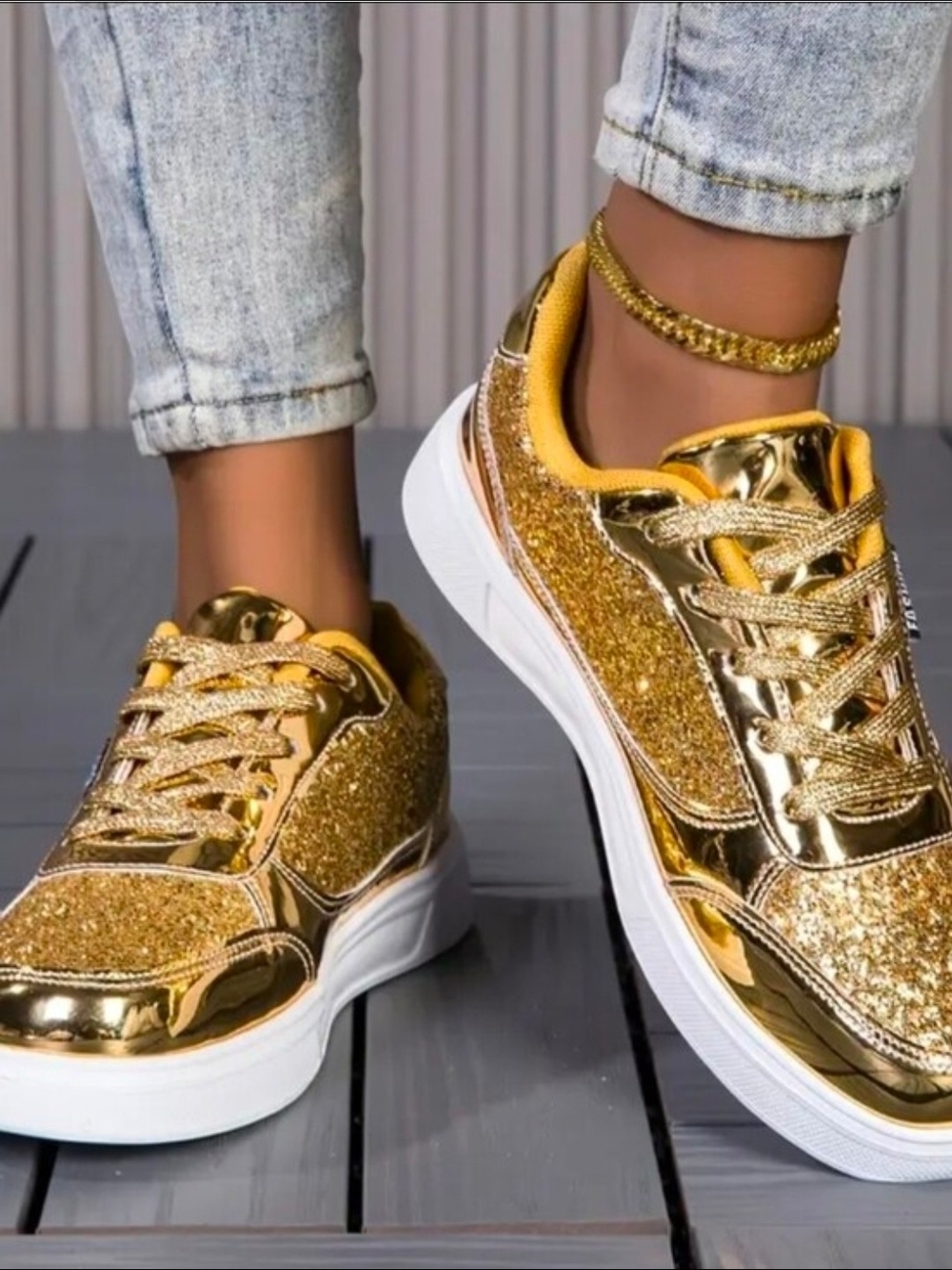 Gold Glitter Platform Sneakers - Women